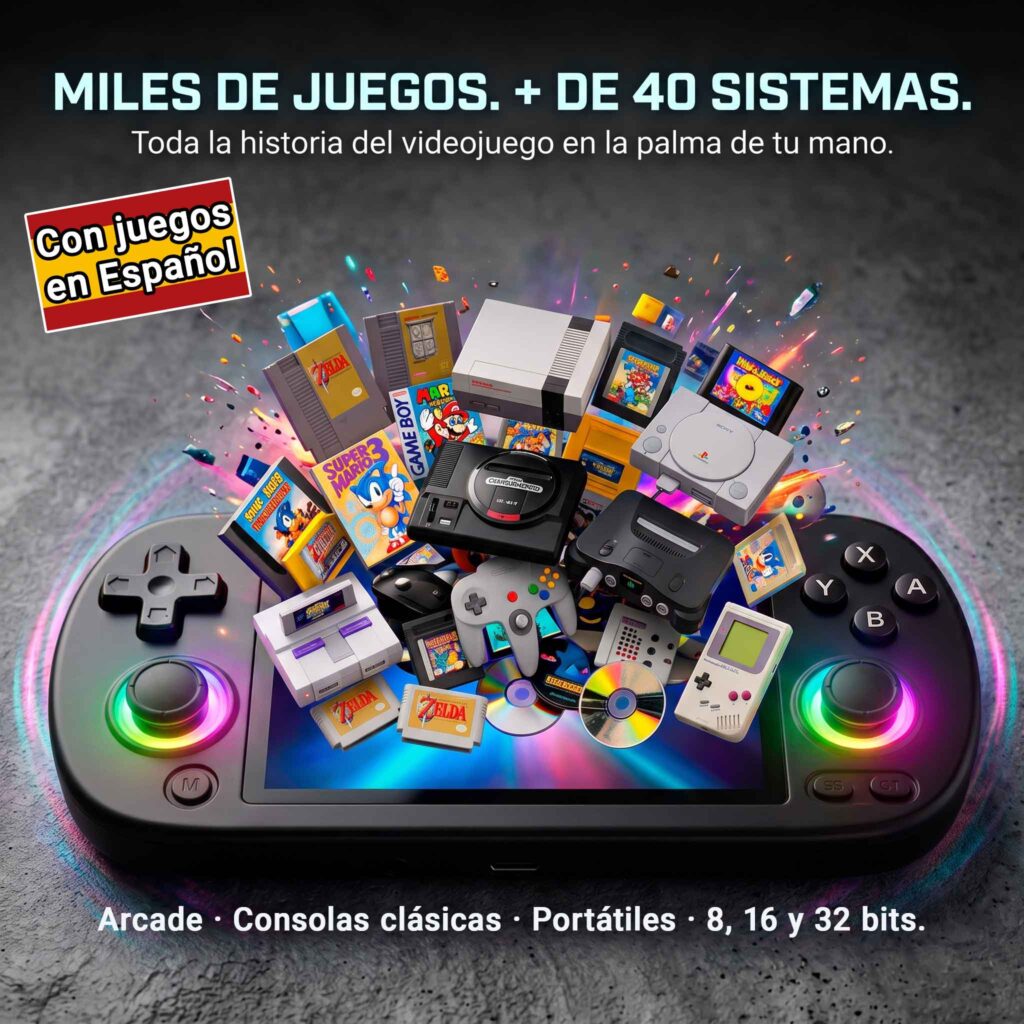una consola retro portatil de la que salen muchas consolas retro y juegos