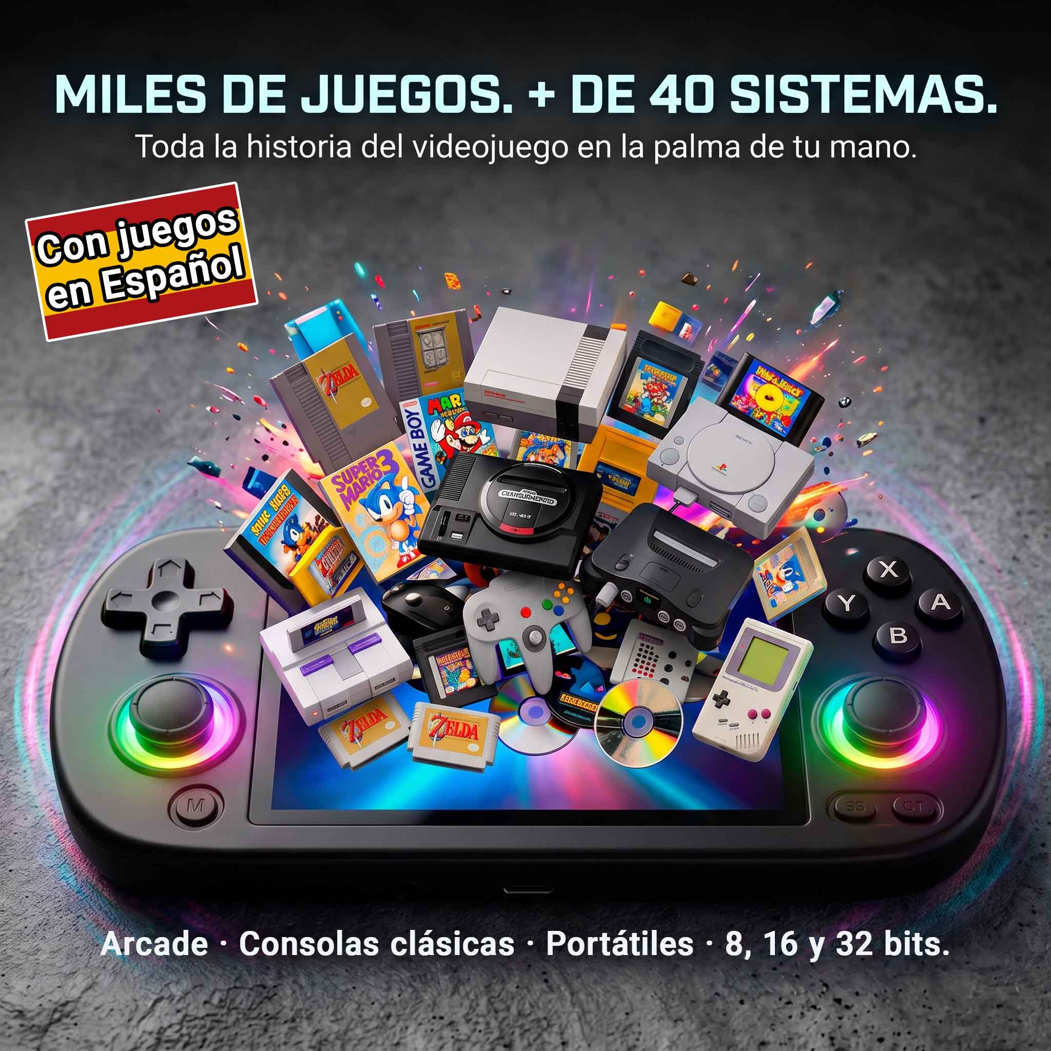 una consola retro portatil de la que salen muchas consolas retro y juegos