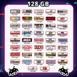 todos los logos de las consolas retro que incluye la consola wolobox en su version de 128gb y el numero de juegos que incluye