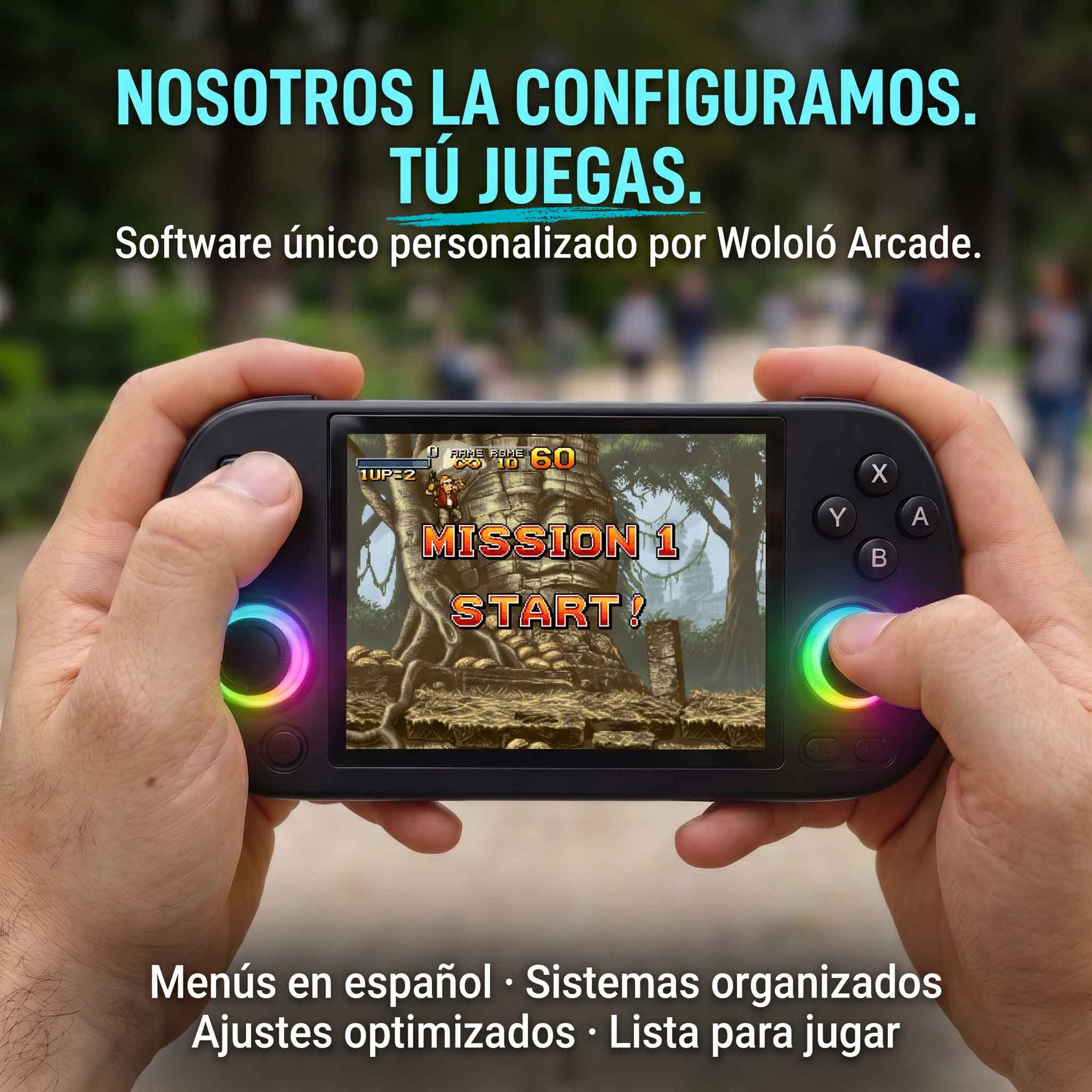 unas manos cogiendo una consola retro portatil ya configurada y lista para jugar