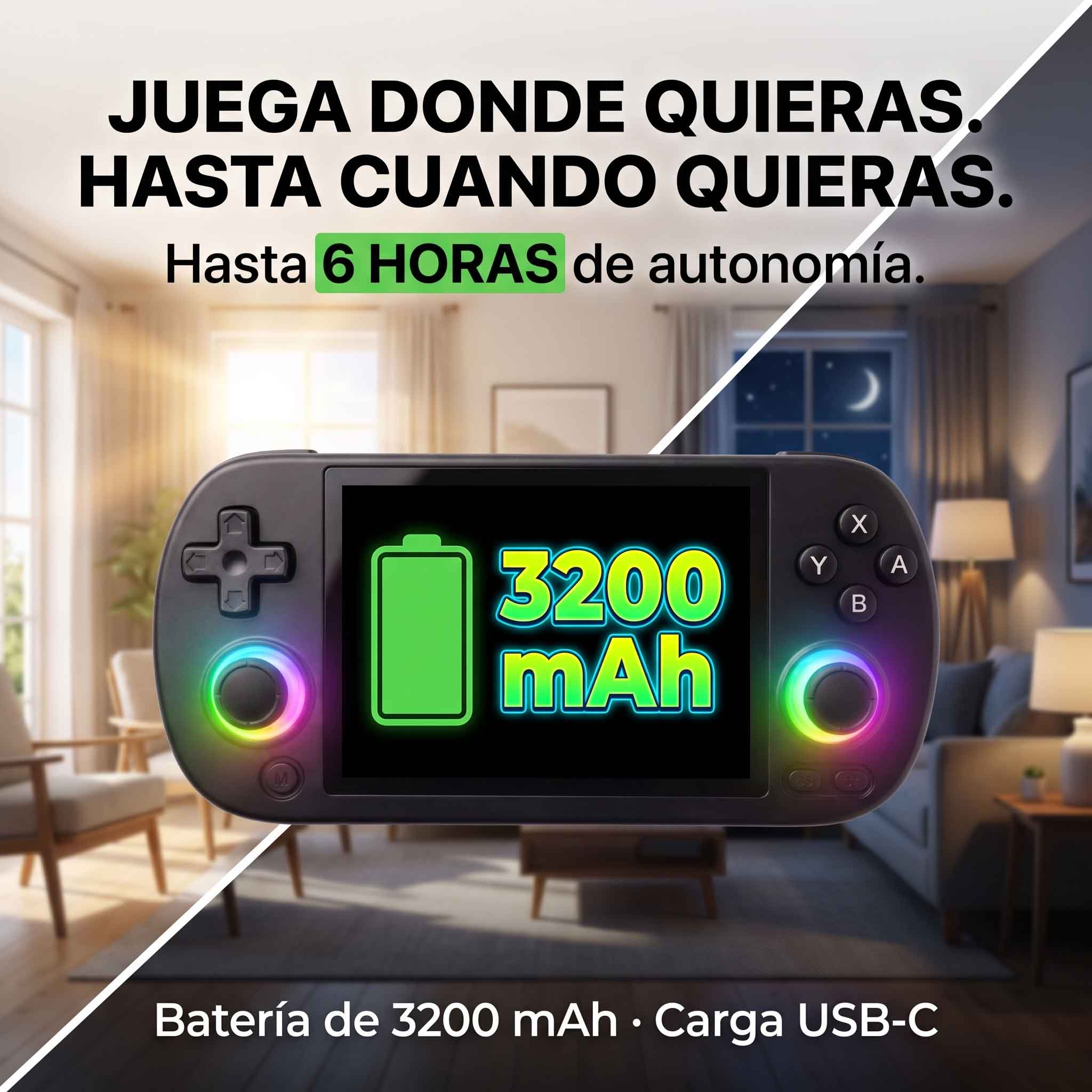 una consola retro portatil con una extensa bateria de hasta 6 horas