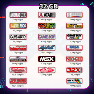 todos los logos de las consolas retro que incluye la consola wolobox en su version de 32 gb y el numero de juegos que incluye