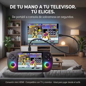 un salon con una tv conectada a una consola retro portatil donde ambas pantallas muestran el mismo juego