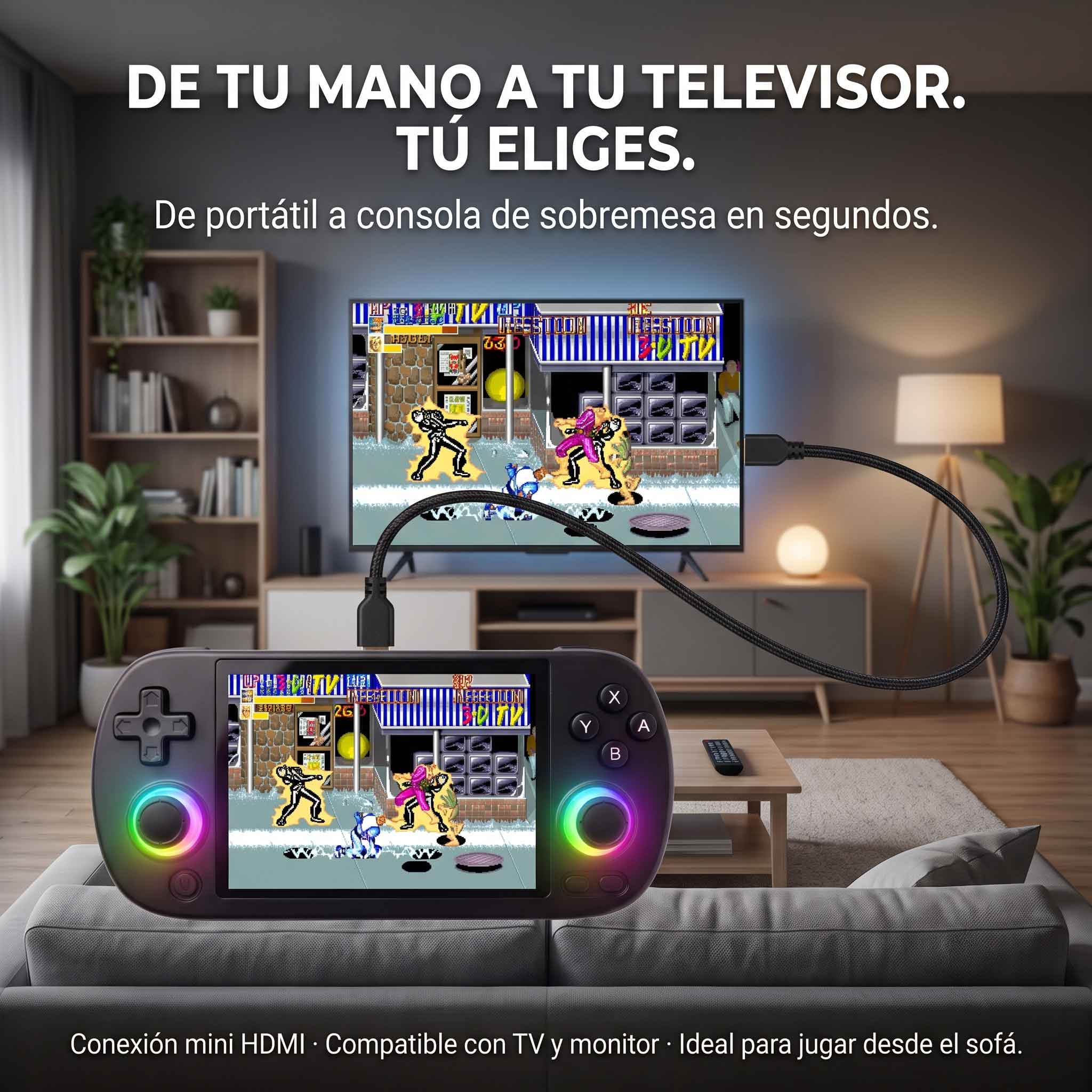 un salon con una tv conectada a una consola retro portatil donde ambas pantallas muestran el mismo juego