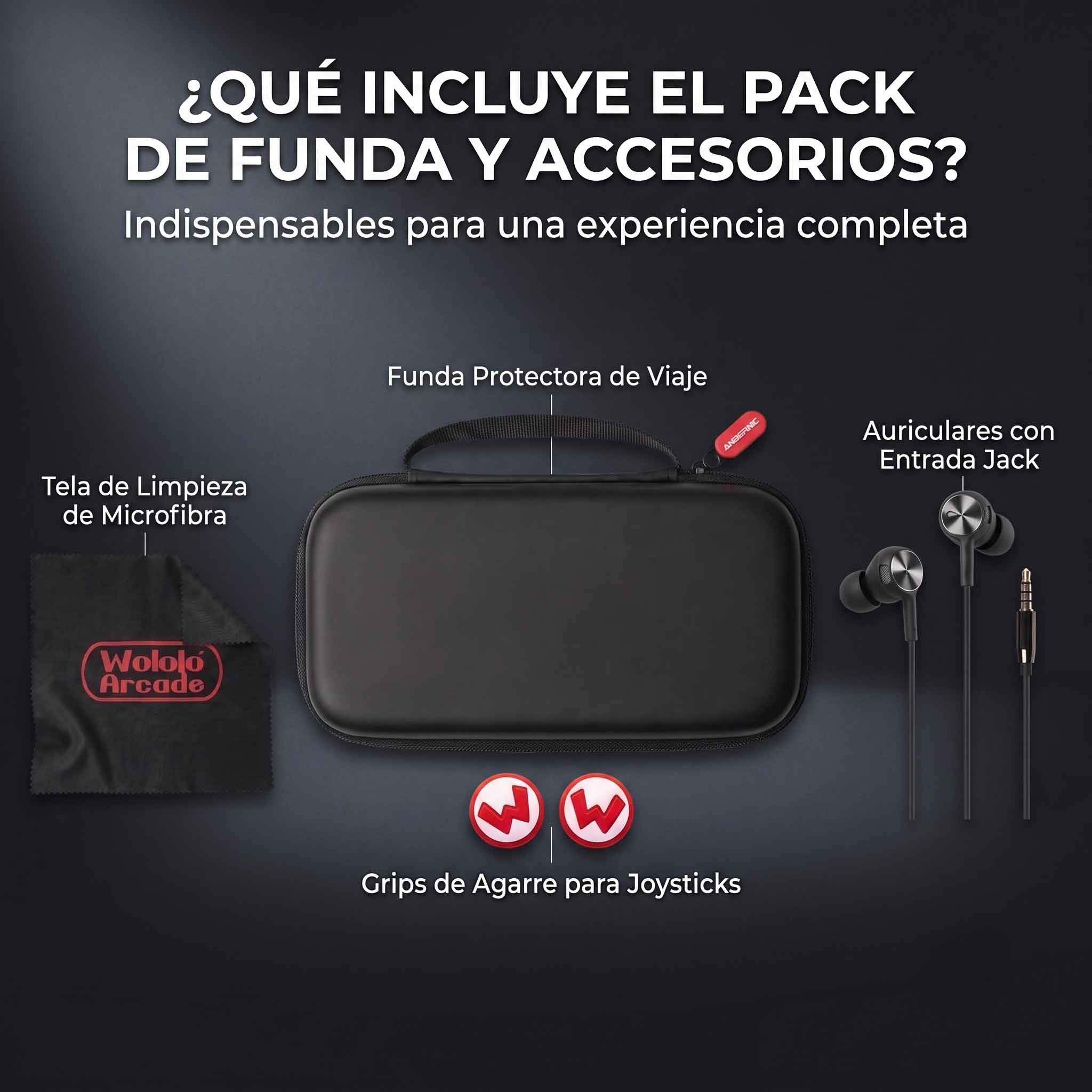 un pack de funda protectora con varios accesorios para una consola retro portatil
