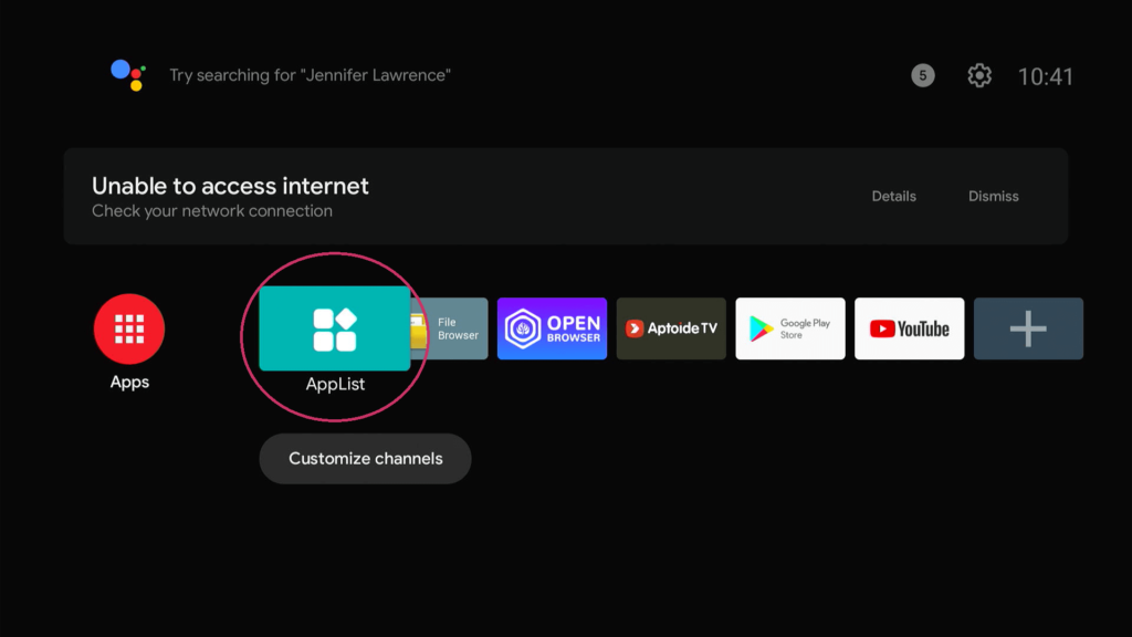 Un menu de un tv box android con la seccion applist marcada con un circulo rojo