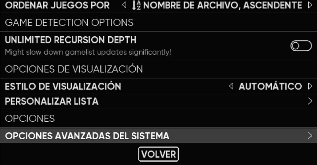 una captura del menu avanzado de opciones del sistema