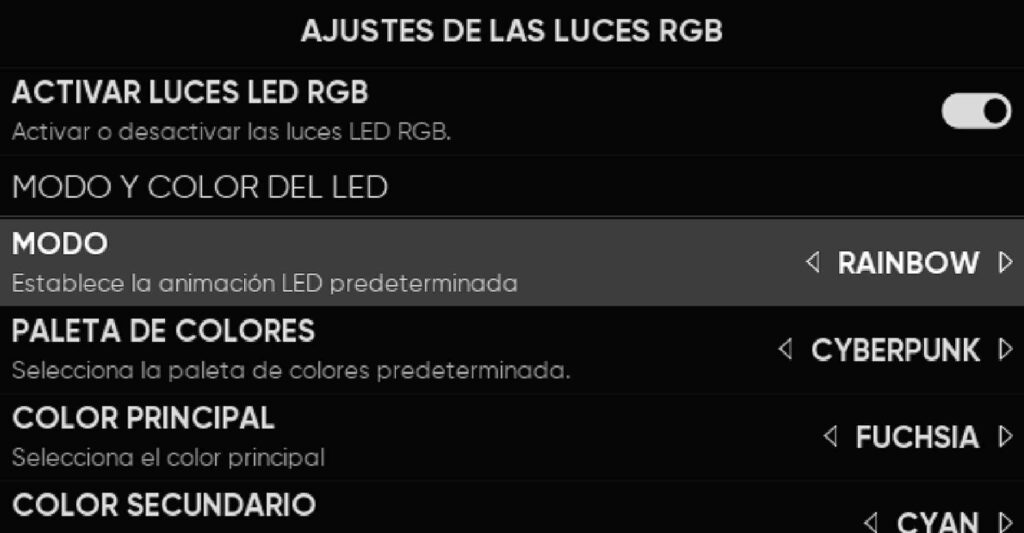 una captura de pantalla que explica como hacer ajustes en las luces rgb