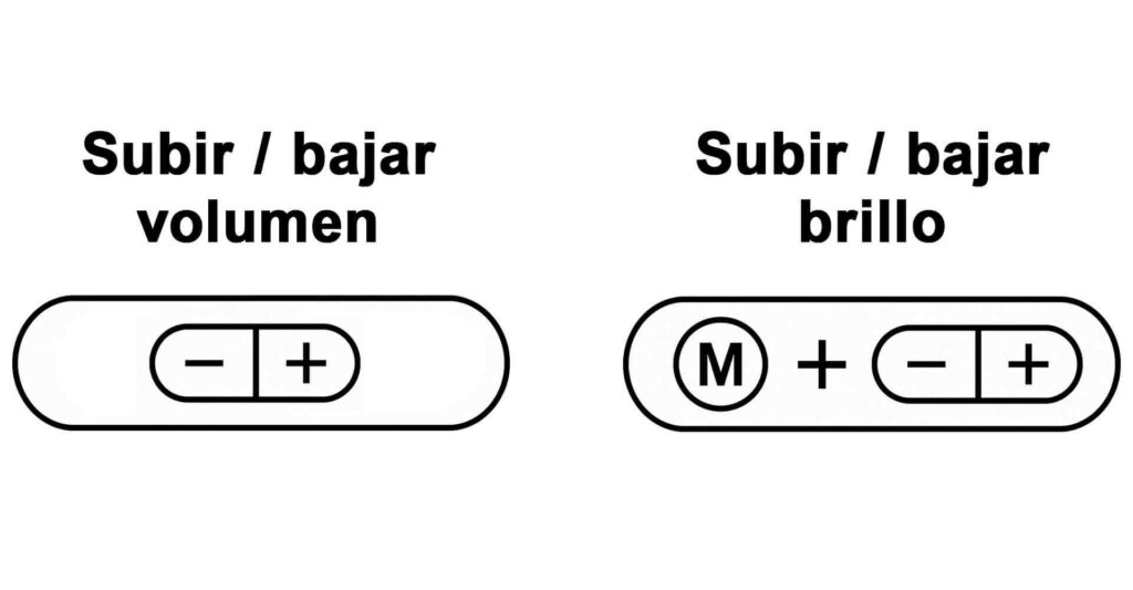 un diagrama de como usar los botones de la consola para subir o bajar el brillo de la pantalla y el volumen