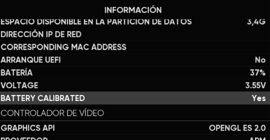 captura de pantalla del calibrado de la bateria