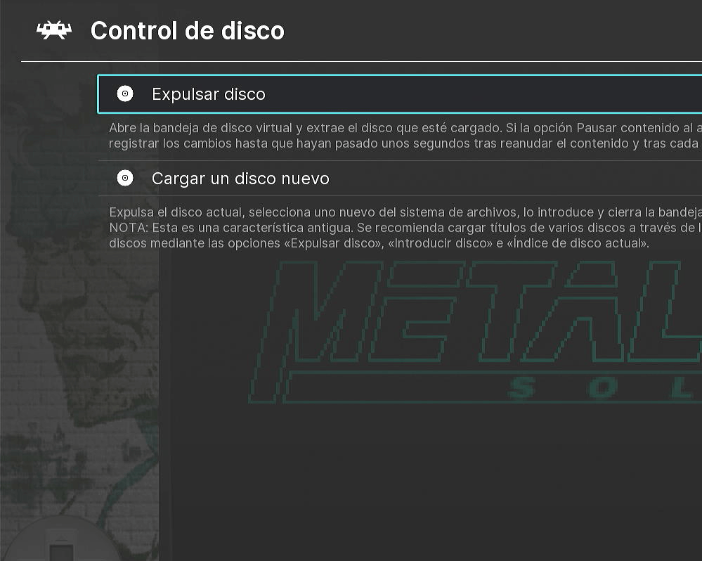 RetroArch “Control de disco” con la opción “Expulsar disco” seleccionada.
