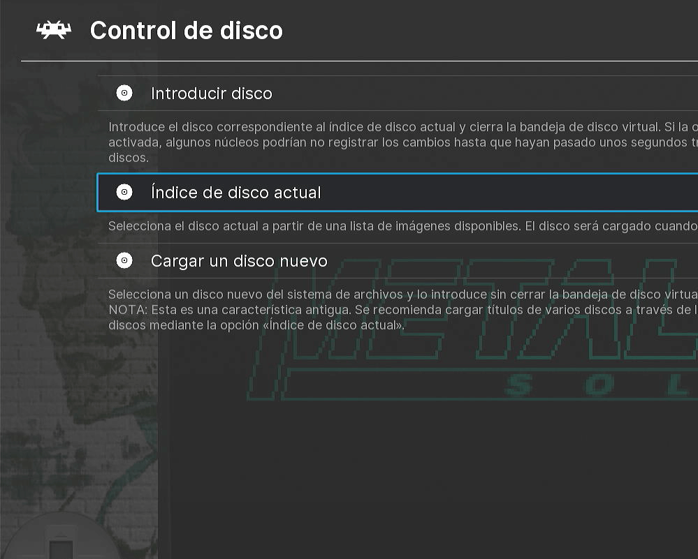 RetroArch “Control de disco” con “Índice de disco actual” resaltado.