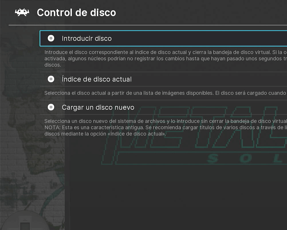 RetroArch “Control de disco” con “Introducir disco” seleccionado.