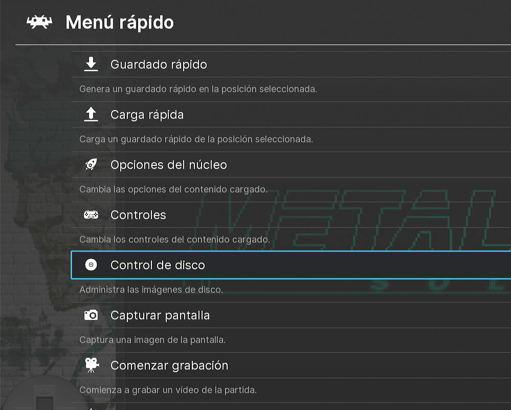Menú rápido de RetroArch con “Control de disco” resaltado.