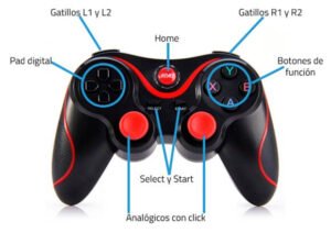 Parte delantera del gamepad T3 con leyenda de botones