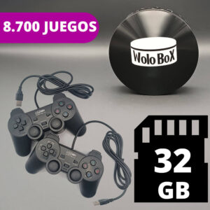 Una composición en la que se ve una wolobox dos mandos con cable y la tarjeta de 32 gb