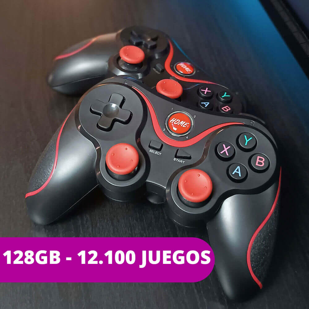 dos mando inalámbrico de color negro y rojo sobre una mesa de madera de color negro con un titulo del tamaño de la consola 128gb y los 12100 juegos que incluye