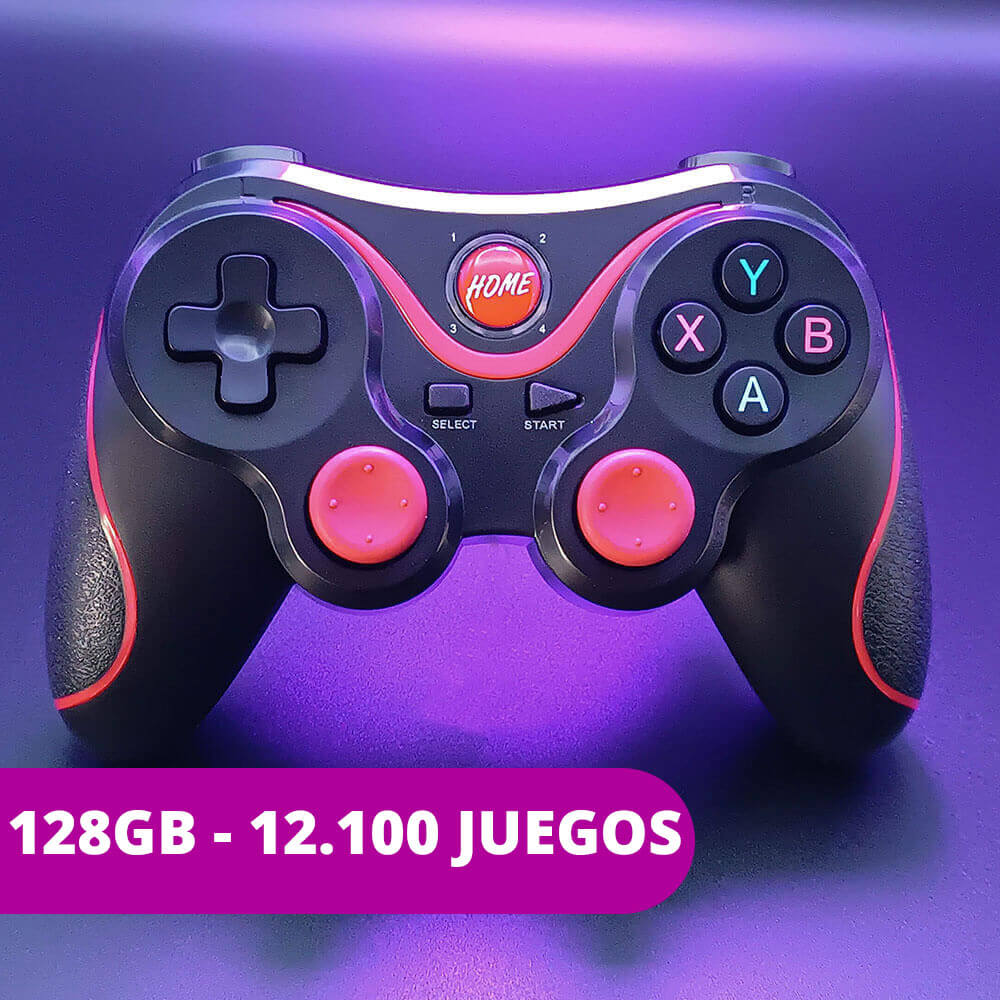un mando inalambrico de color negro y rojo sobre un fondo con tonos y luces moradas y un titulo de 128 gb y los 12100 juegos que incluye