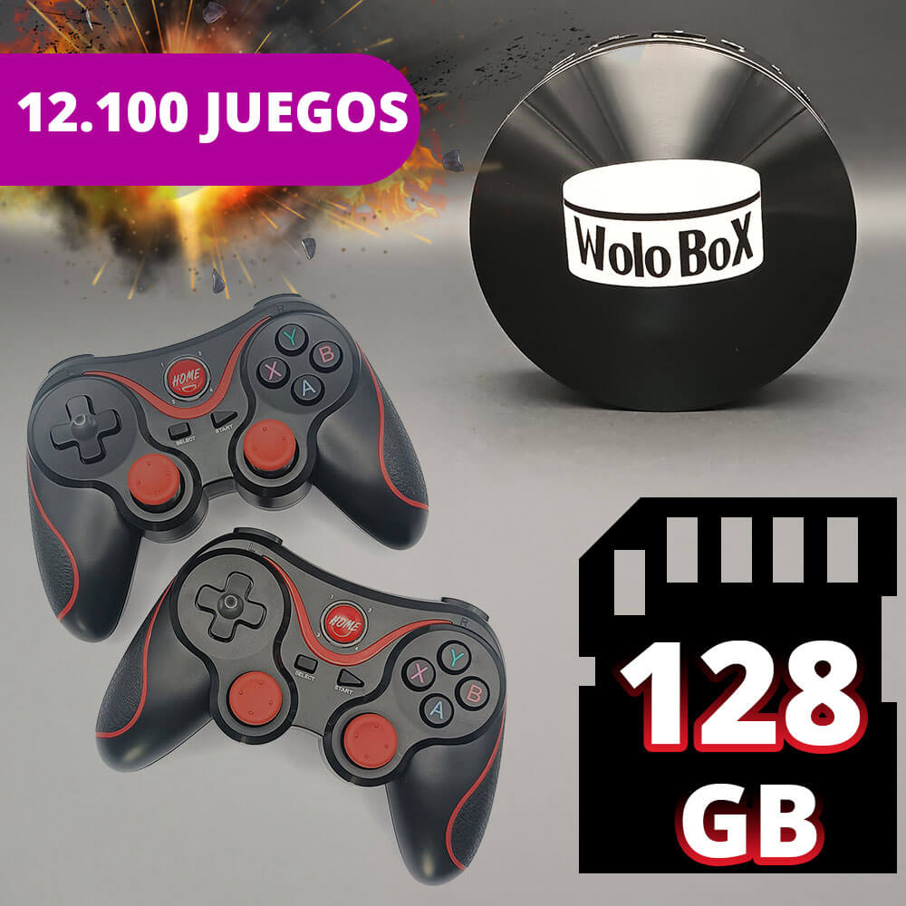 Una composición en la que se ve una wolobox dos mandos inalámbricos y la tarjeta de 128 gb
