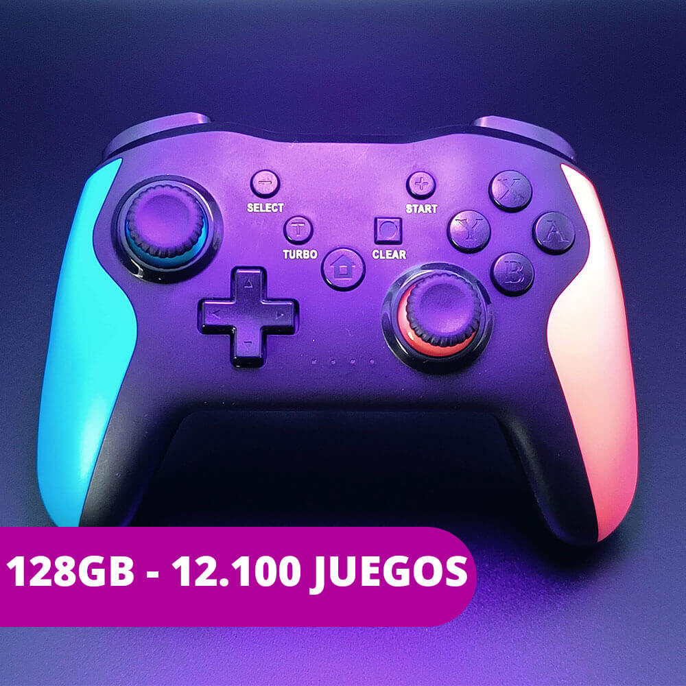 un mando inalambrico pro de color negro azul y rojo sobre un fondo con tonos y luces moradas y un titulo de 128 gb y los 12100 juegos que incluye