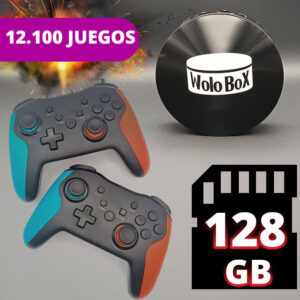 Una composición en la que se ve una wolobox dos mandos inalámbricos pro y la tarjeta de 128 gb