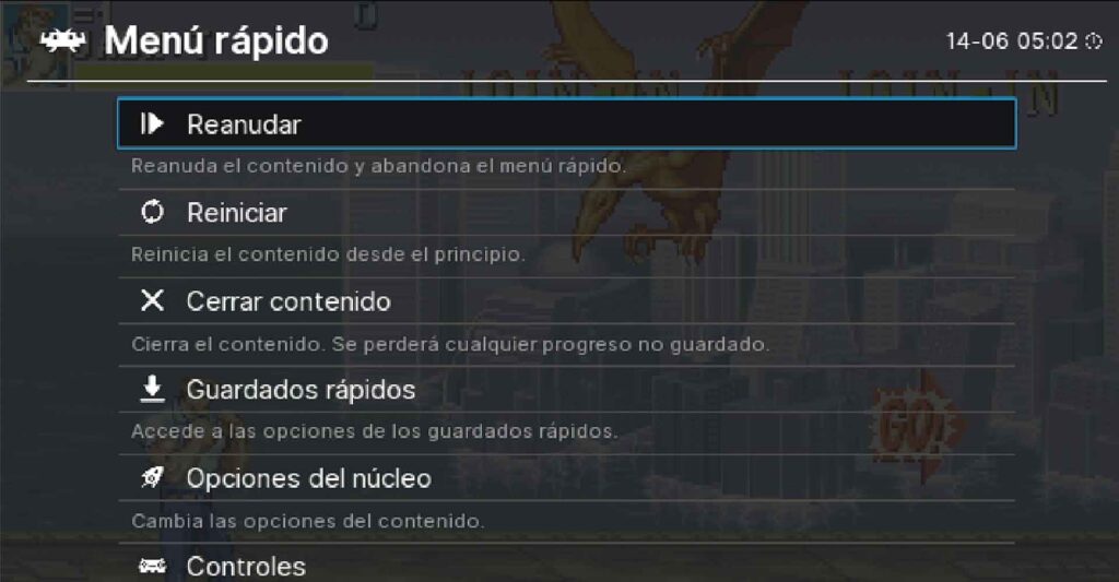 una captura del menu rapido de retroarch
